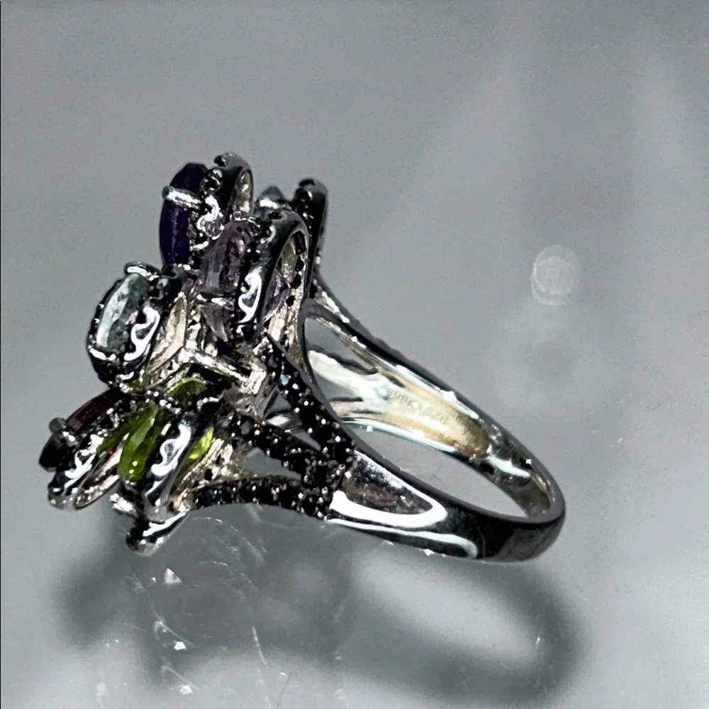 NWOT Multi Genuine Gemstone Sterling Silver Designer Floral Themed Ring Bohemian